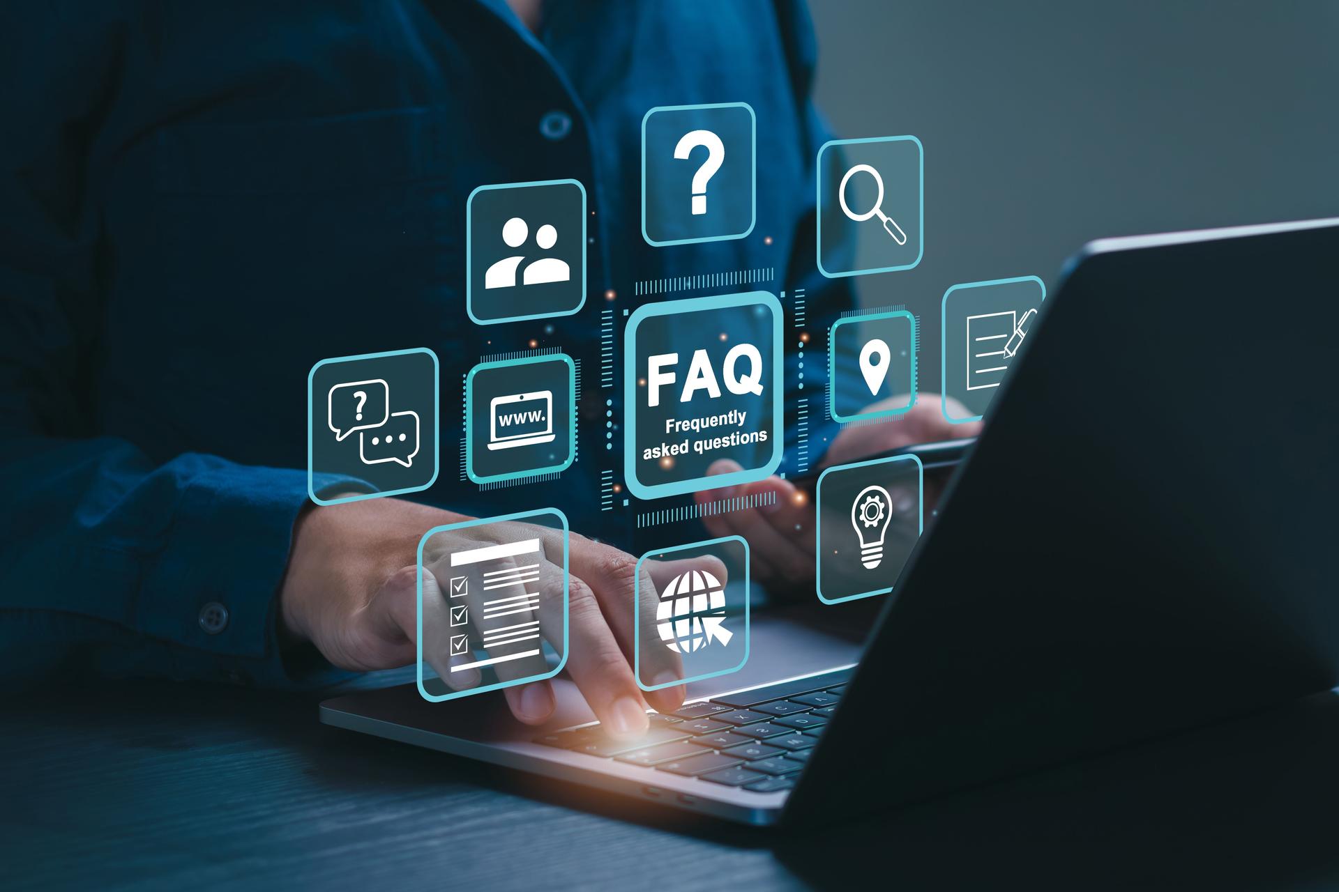 FAQ, frequently asked questions concept. Businessmen answer customer questions online, and Q and A. Online service gives quick answers. asked questions and answers. Q and A. Question mark.